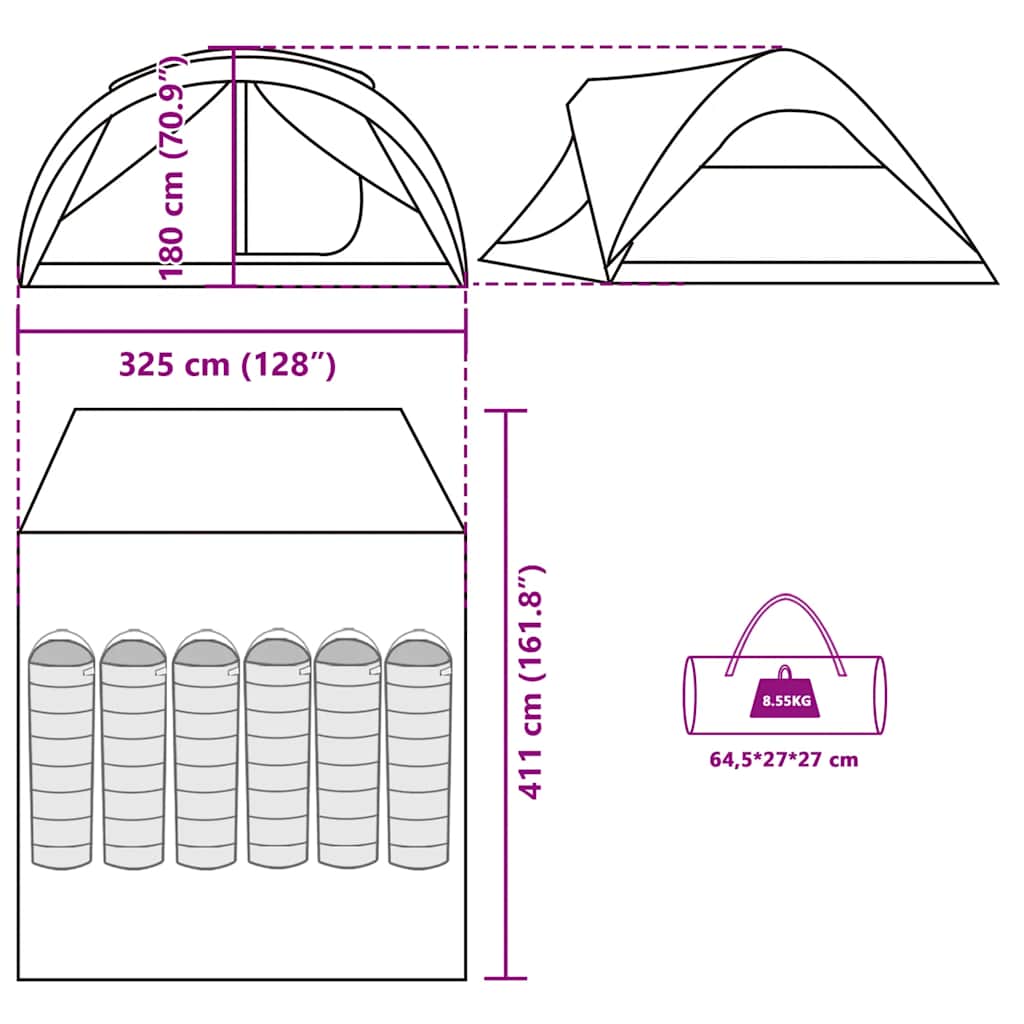 Detailtekening van de vidaXL tunneltent met afmetingen en opbergtas.