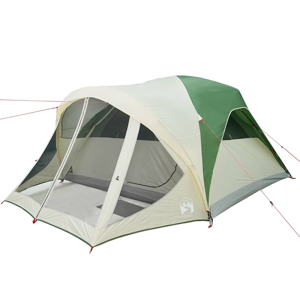 Detail van de vidaXL tunneltent met groene en beige kleuren en ruime ingang.