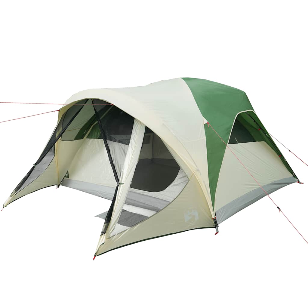 Detail van de vidaXL tunneltent in groen en beige, met open ingangen en ventilatie.