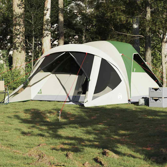 Tunneltent vidaXL 6-persoons in groen en beige, opgesteld in een bosrijke omgeving.