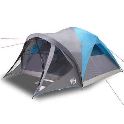 Zijaanzicht van de vidaXL tunneltent in blauw en grijs, met open ingang en ventilatieroosters.