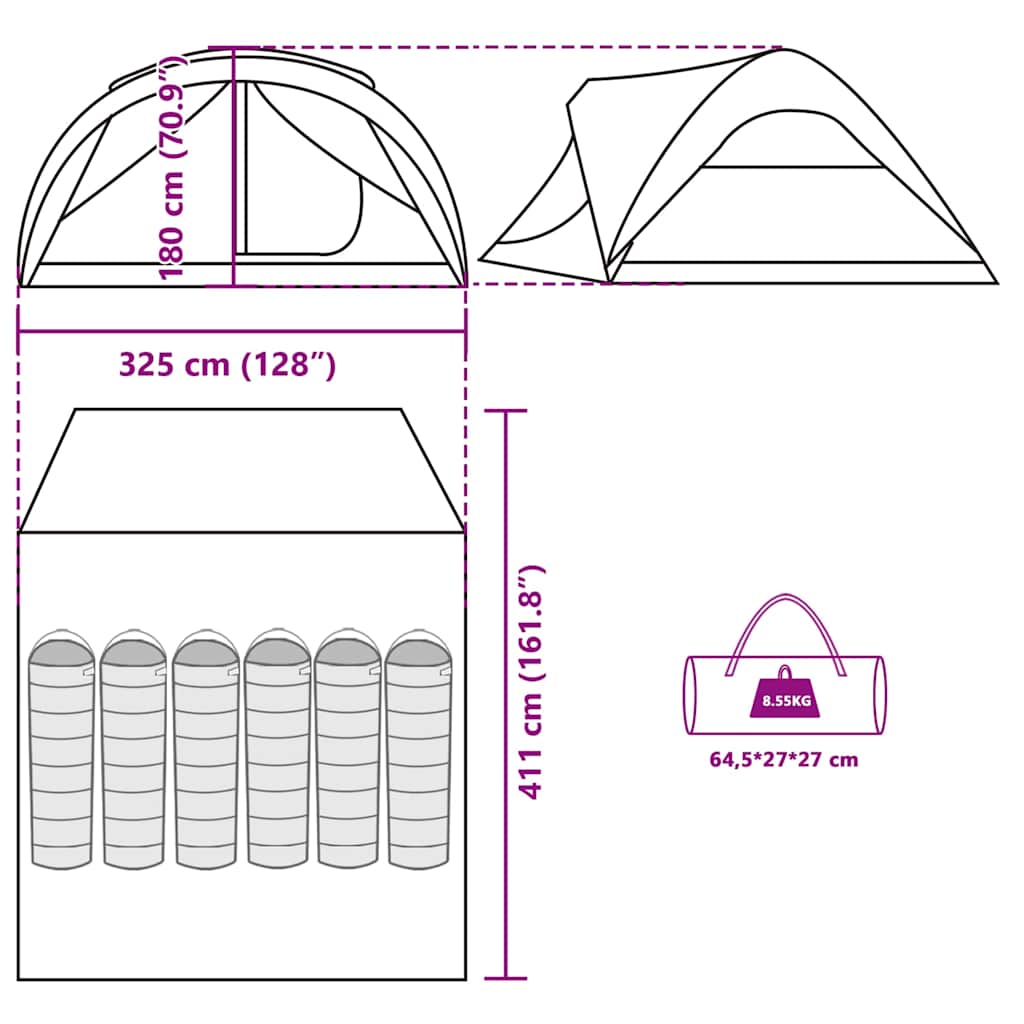 Detailtekening van de vidaXL 6-persoons tunneltent met afmetingen en draagtas.