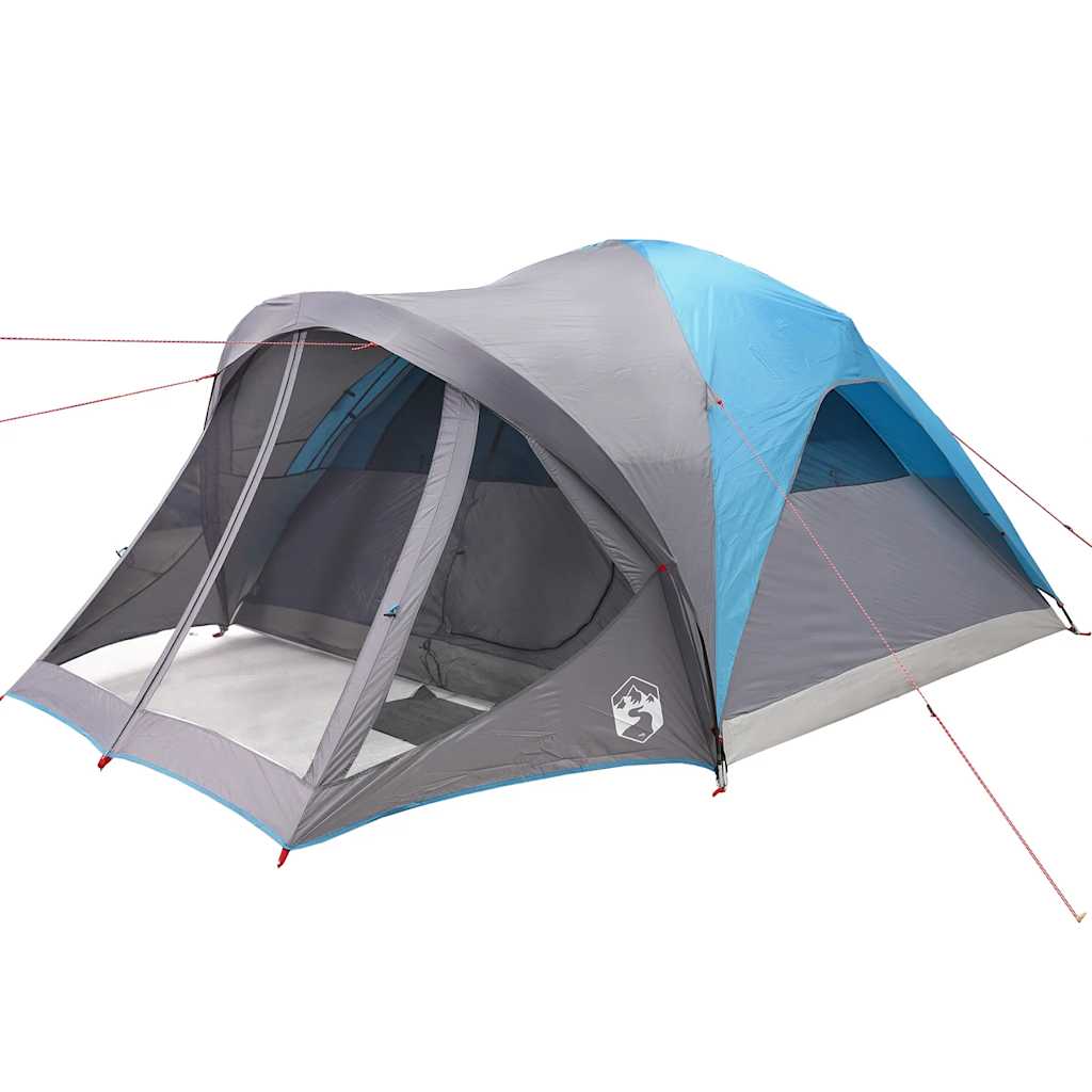 Detail van de vidaXL tunneltent in blauw en grijs, met open ingangen en stevige stokken.