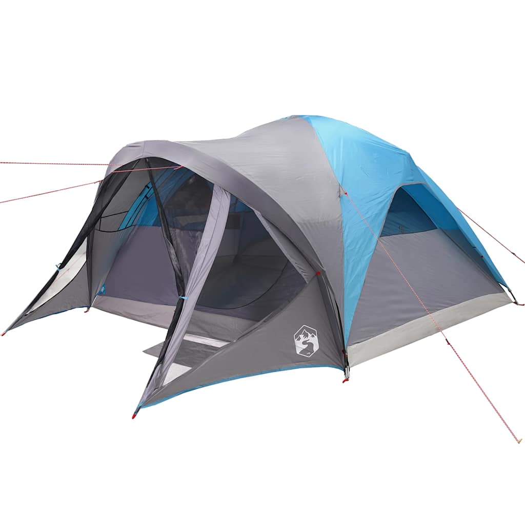 Zijaanzicht van de vidaXL tunneltent, waterdicht in blauw met ventilatieroosters.