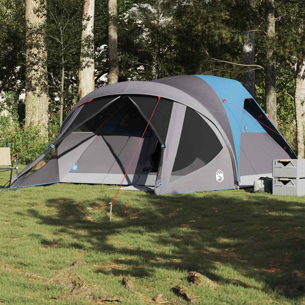 Blauwe vidaXL tunneltent voor 6 personen, waterdicht en eenvoudig op te zetten in de natuur.