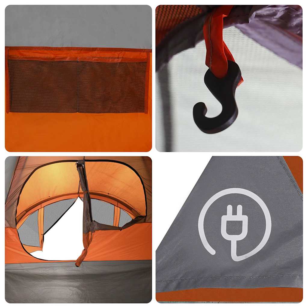 Detailweergave van de vidaXL tunneltent met oranje accenten en handige haak voor verlichting.