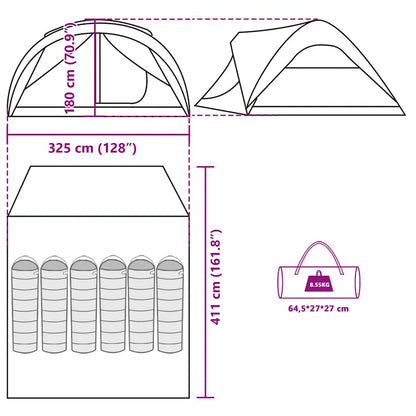 Detail van de afmetingen en opzetinstructies van de vidaXL tunneltent voor 6 personen.