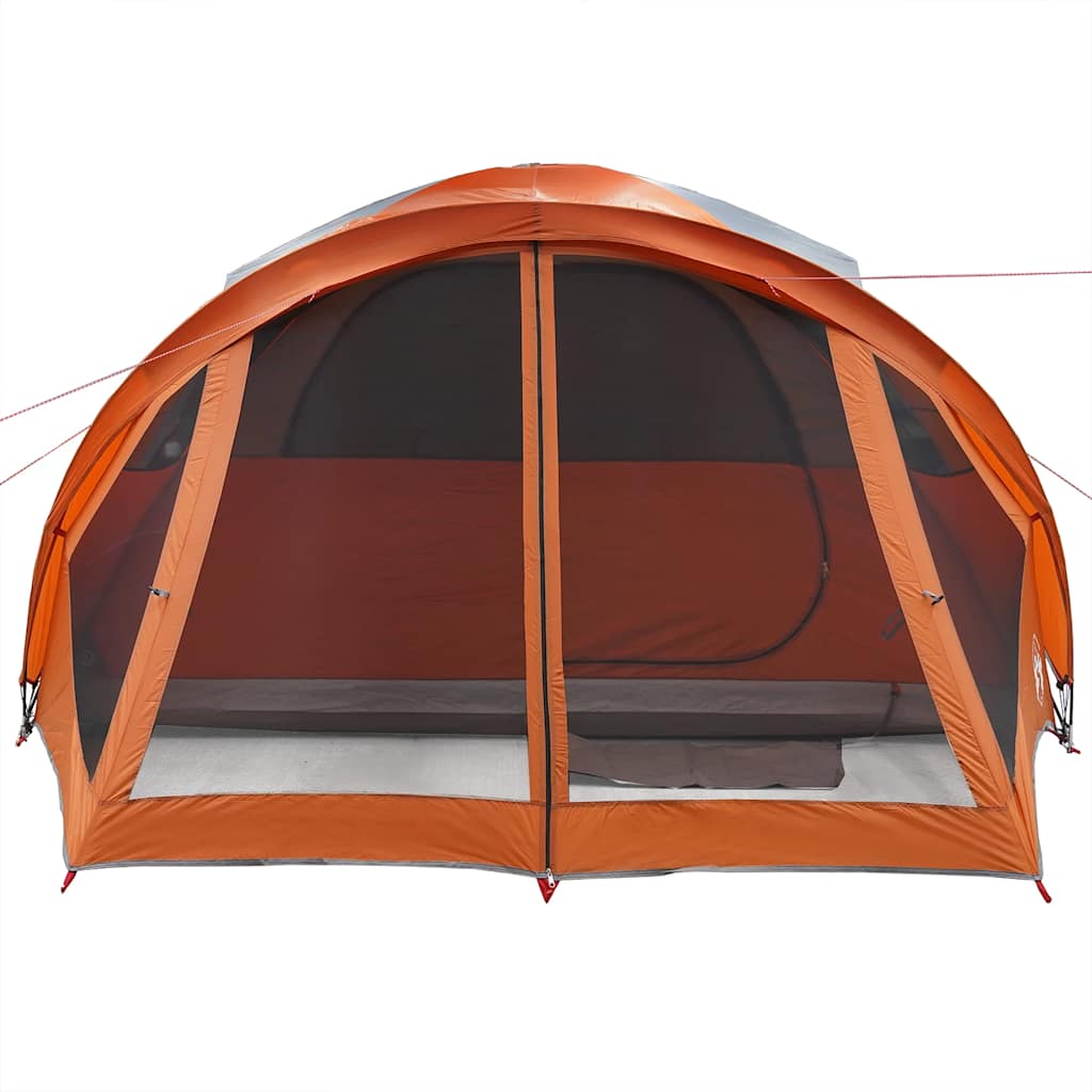 Detail van de grijze en oranje vidaXL tunneltent met grote, gaasramen aan de voorkant.