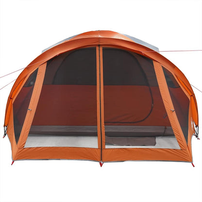 Detail van de grijze en oranje vidaXL tunneltent met grote, gaasramen aan de voorkant.