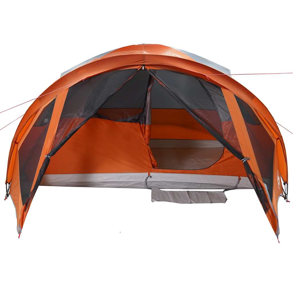Detail van de vidaXL tunneltent met oranje en grijze kleuren, zijaanzicht van de ingang.