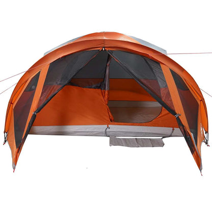 Detail van de vidaXL tunneltent met oranje en grijze kleuren, zijaanzicht van de ingang.