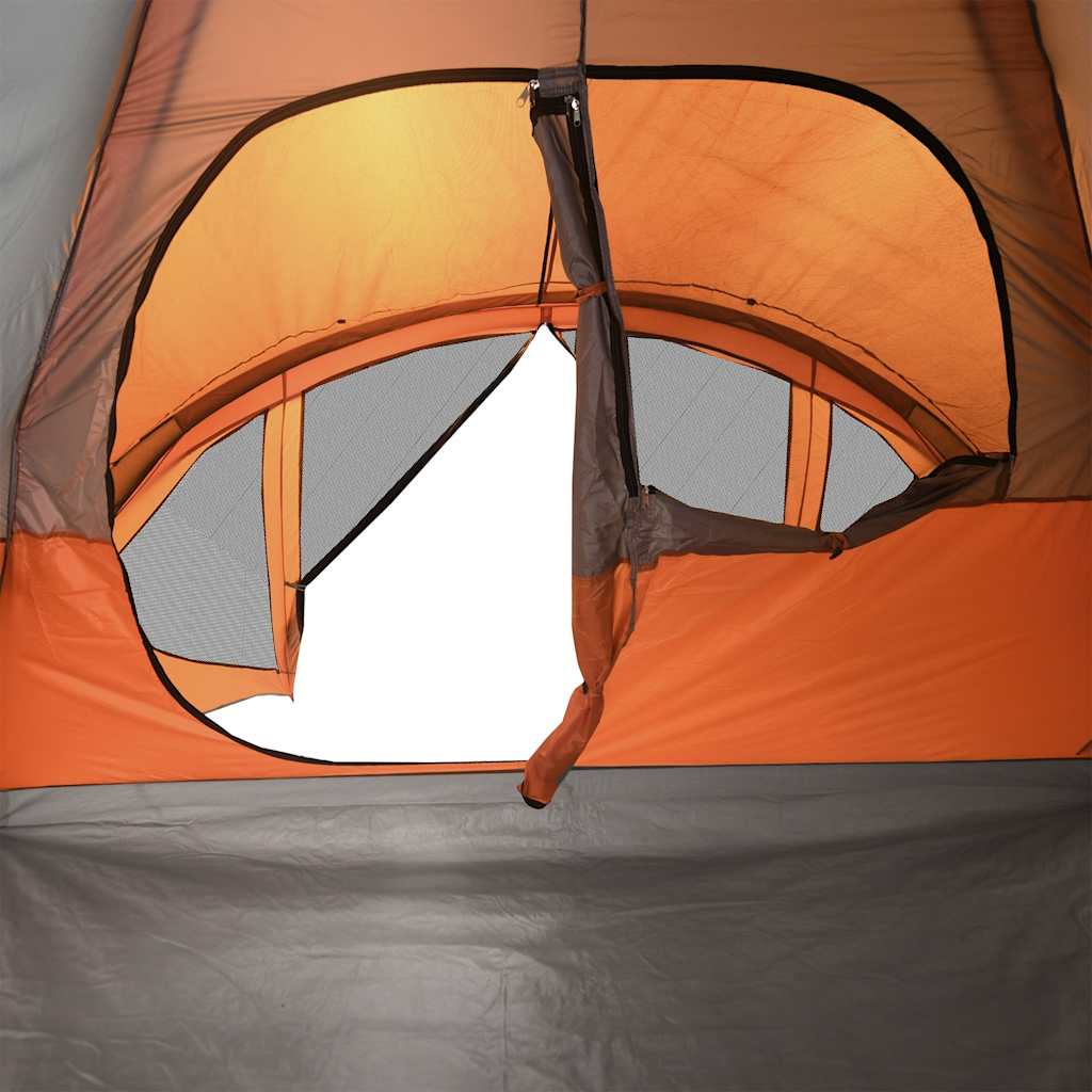 Detail van de grijze en oranje vidaXL tunneltent met ventilatierooster.