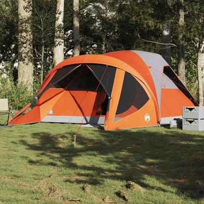 Grijze en oranje vidaXL tunneltent voor 6 personen, opgesteld in de natuur.