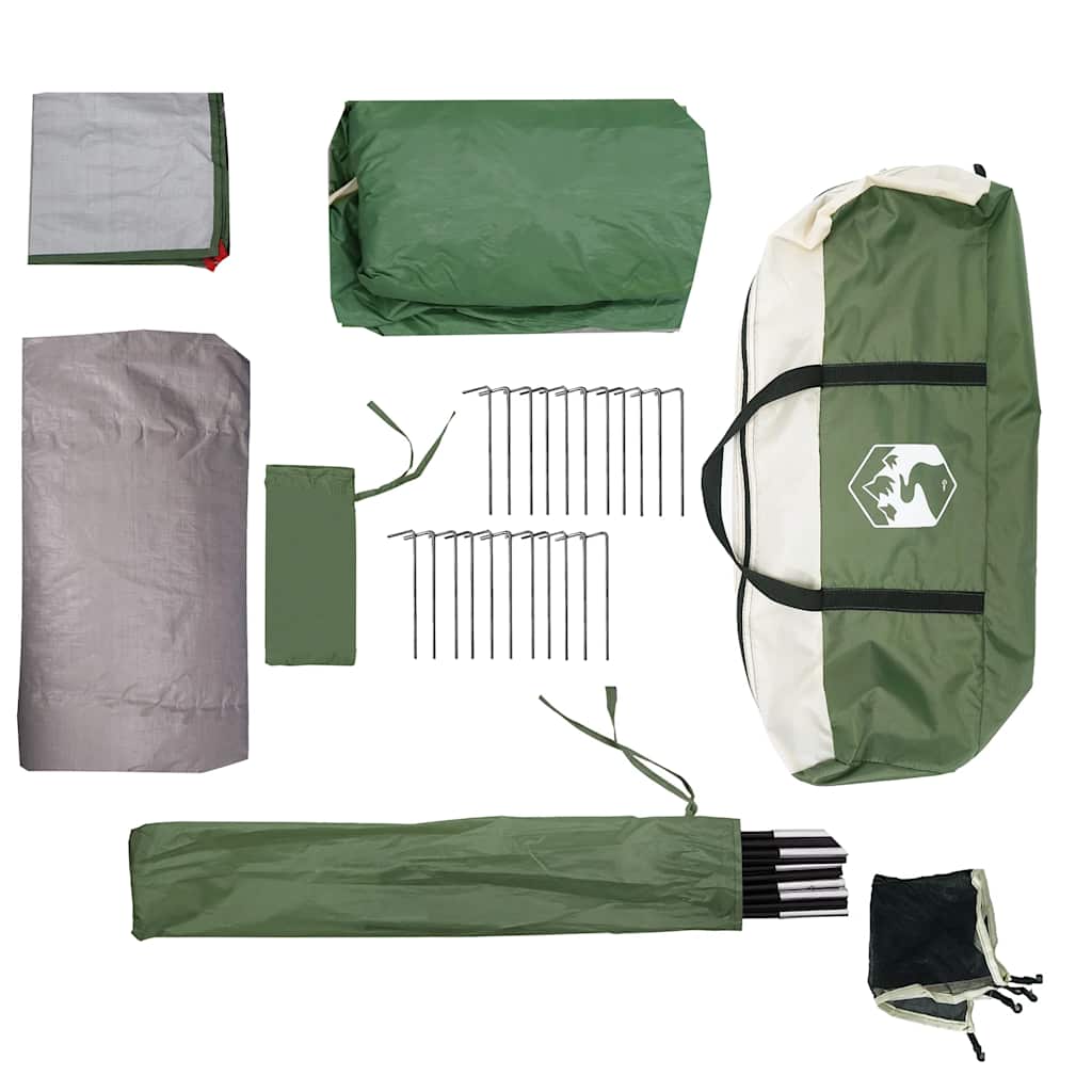 Detail van de vidaXL koepeltent, inclusief tentdoek, stokken en haringen in groen en grijs.