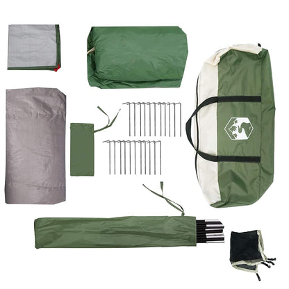 Detail van de vidaXL koepeltent, inclusief tentdoek, stokken en haringen in groen en grijs.