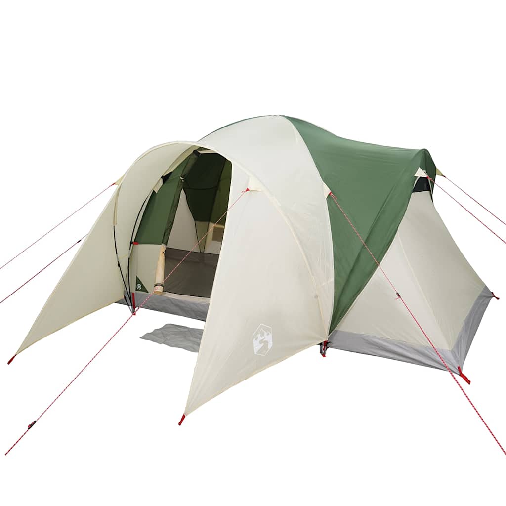 Detail van de vidaXL koepeltent in groen met open ingang en zijflappen.