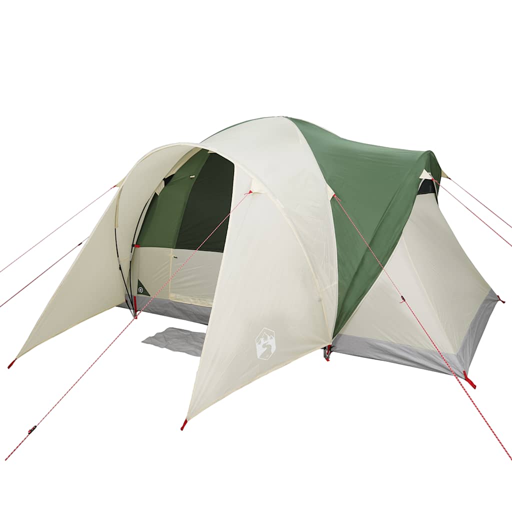 Detail van de vidaXL koepeltent met groene en beige kleuren, zijaanzicht met ingangen.