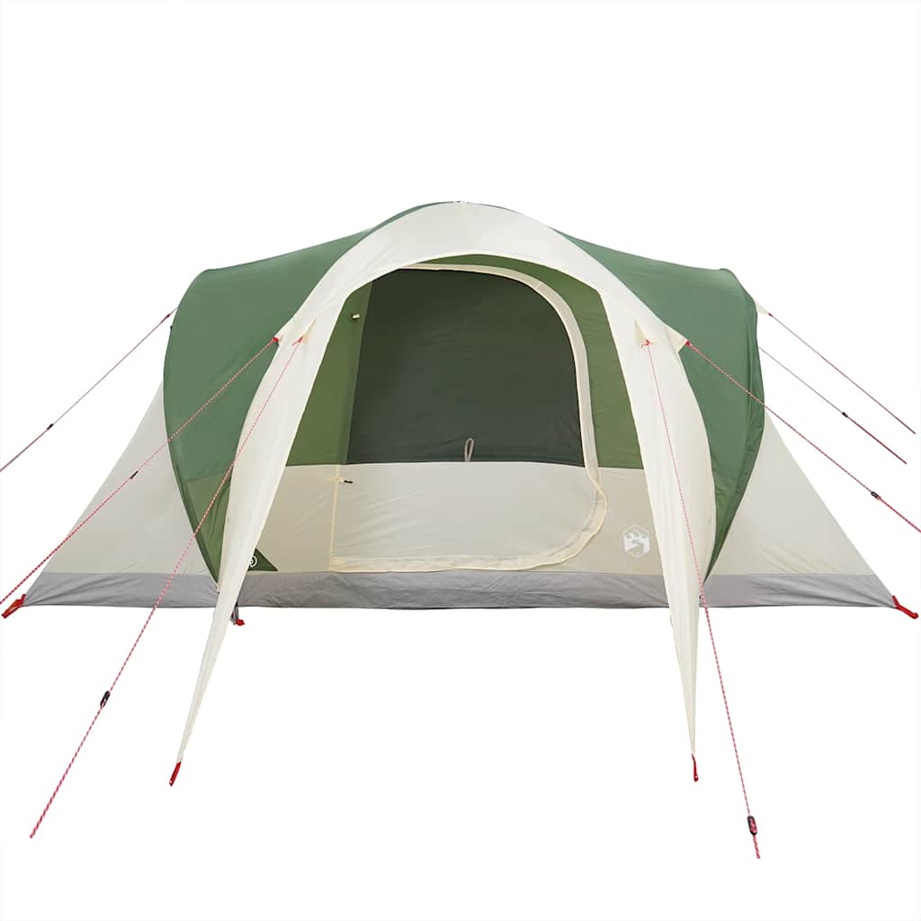 Zijaanzicht van de vidaXL 6-persoons koepeltent in groen, met open ingang en tentstokken.