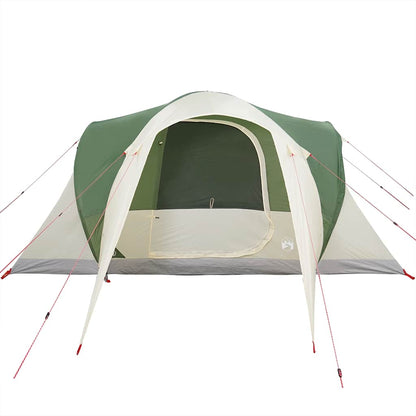 Zijaanzicht van de vidaXL 6-persoons koepeltent in groen, met open ingang en tentstokken.