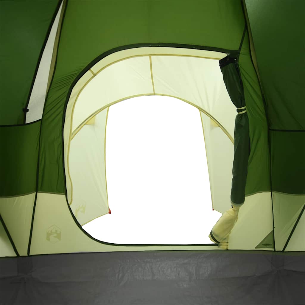 Detail van de groene vidaXL koepeltent met open venster en verduisteringsgordijn.