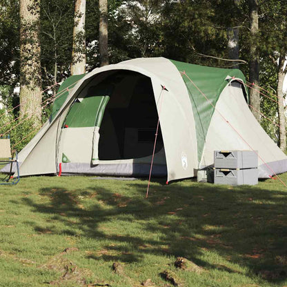 Koepeltent vidaXL 6-persoons in groen, opgezette tent in een bosrijke omgeving.
