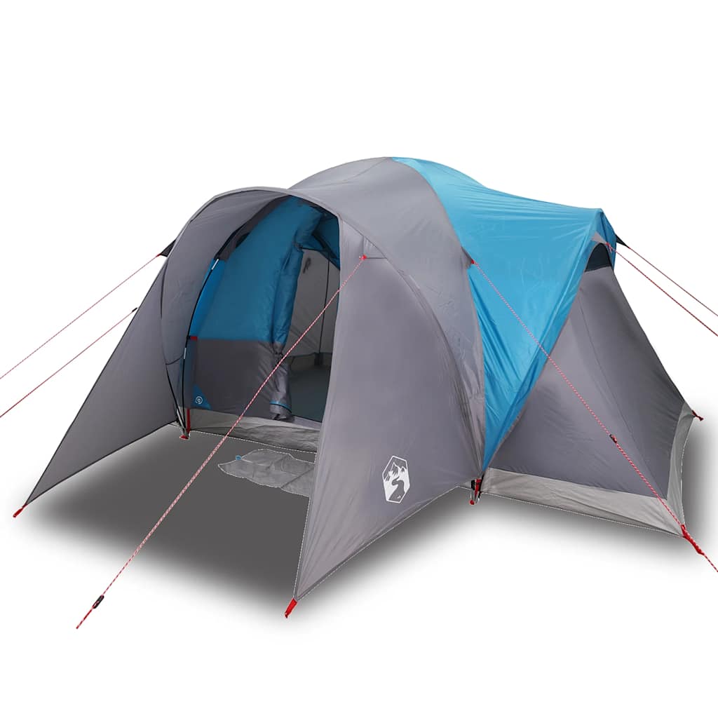 Detail van de vidaXL koepeltent in blauw en grijs, zijaanzicht met open ingang.