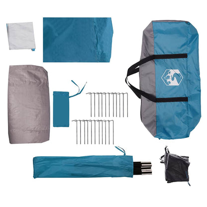 Detail van de accessoires en stokken van de vidaXL koepeltent in blauw en grijs.