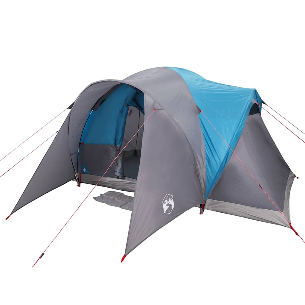 Detail van de vidaXL koepeltent in blauw en grijs, met waterdichte buitenzijde en opzetstokken.