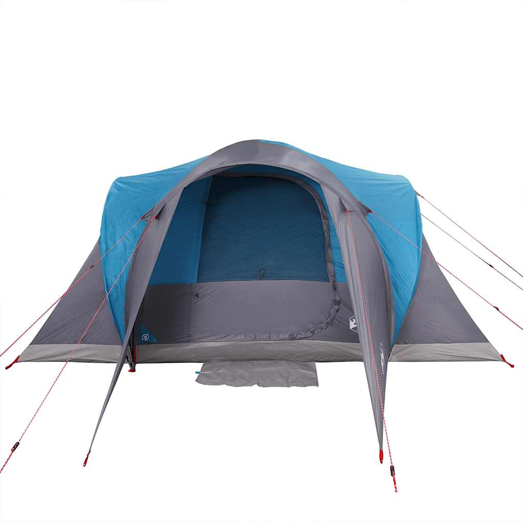 Zijaanzicht van de vidaXL koepeltent in blauw met grijze details en ingangsopening.