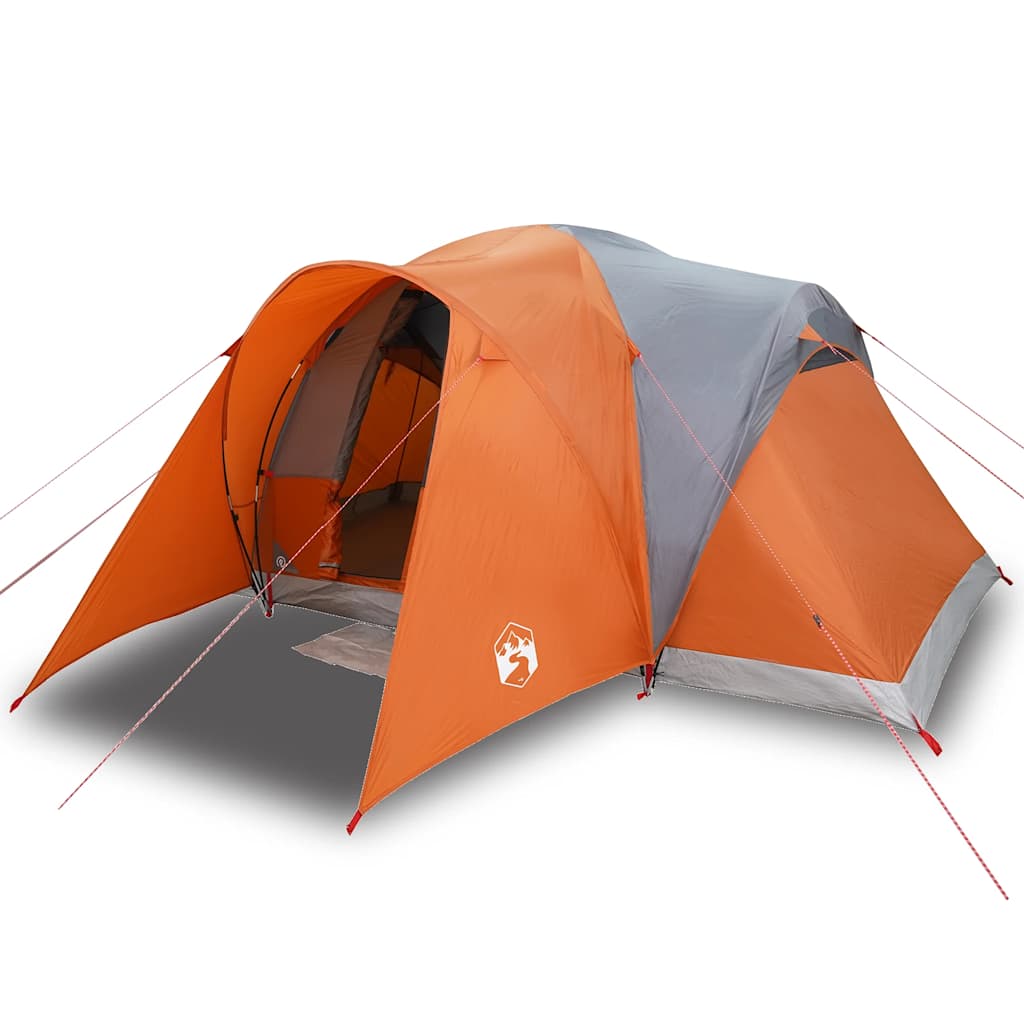 Zijaanzicht van de vidaXL koepeltent in grijs en oranje, met open ingang.