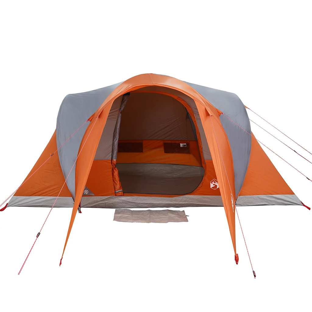 Zijaanzicht van de vidaXL koepeltent in grijs en oranje, met open ingang.