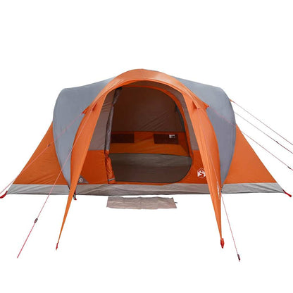 Zijaanzicht van de vidaXL koepeltent in grijs en oranje, met open ingang.