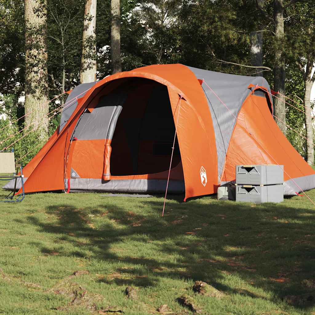 Koepeltent vidaXL 6-persoons in grijs en oranje, met open ingang en tentstokken.