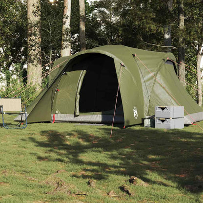 Zijaanzicht van de vidaXL koepeltent in olijfgroen, opgezet op gras met stoelen en opbergboxen.