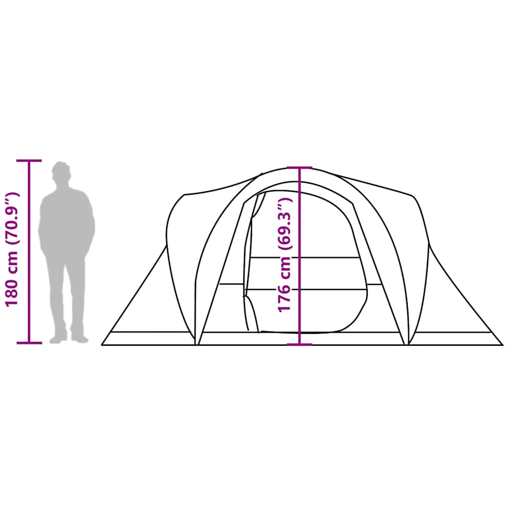 Zijaanzicht van de vidaXL koepeltent met afmetingen en een silhouet van een persoon.