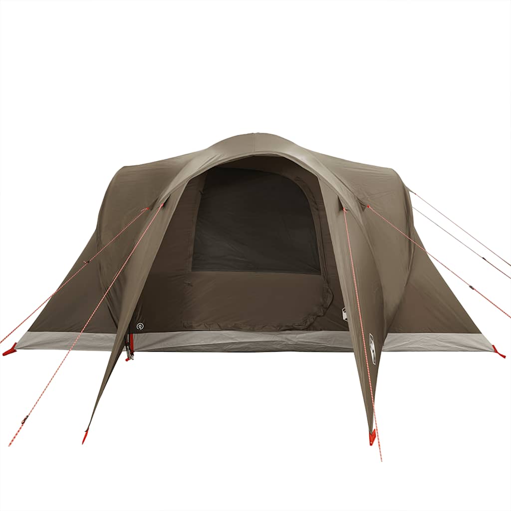 Zijaanzicht van de vidaXL koepeltent in bruin, met open ingang en tentstokken.