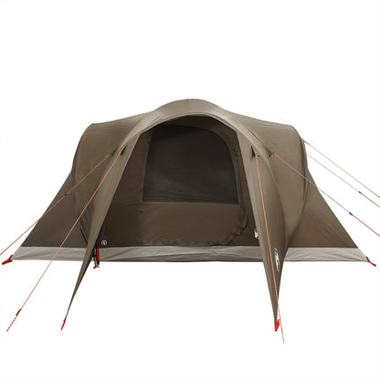 Zijaanzicht van de vidaXL koepeltent in bruin, met open ingang en tentstokken.