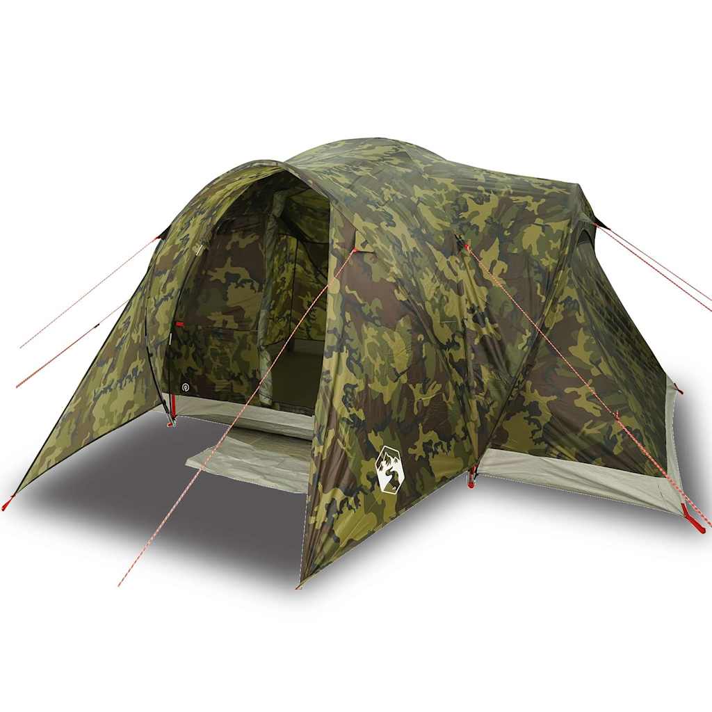 Detail van de vidaXL 6-persoons koepeltent in camouflage, zijaanzicht met open ingang.