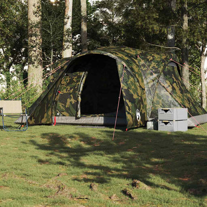 Zijaanzicht van de vidaXL koepeltent in camouflage, opgesteld in een groene omgeving.