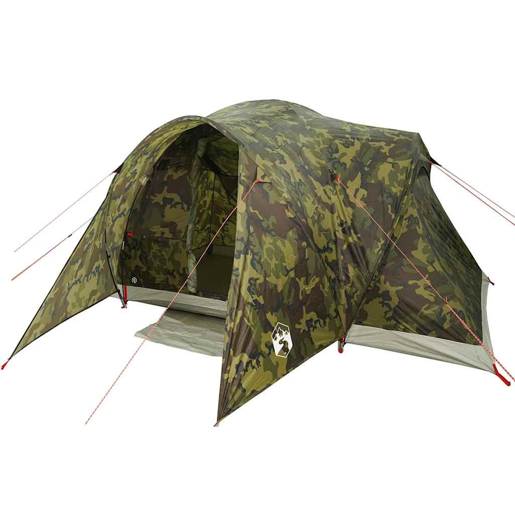 Detail van de vidaXL 6-persoons koepeltent in camouflage, met open ingang en waterdichte afwerking.
