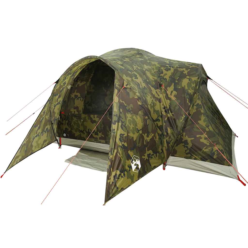 Zijaanzicht van de vidaXL 6-persoons camouflage koepeltent met open ingang.