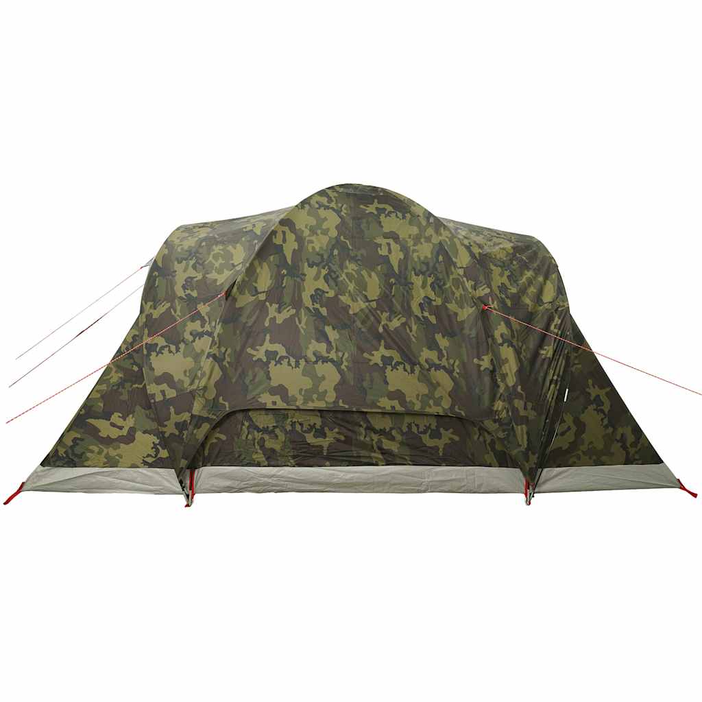 Zijaanzicht van de vidaXL koepeltent in camouflage, met waterdichte stof en opzetlijnen.