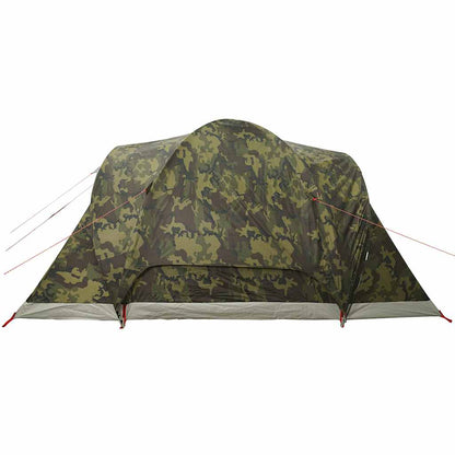 Zijaanzicht van de vidaXL koepeltent in camouflage, met waterdichte stof en opzetlijnen.