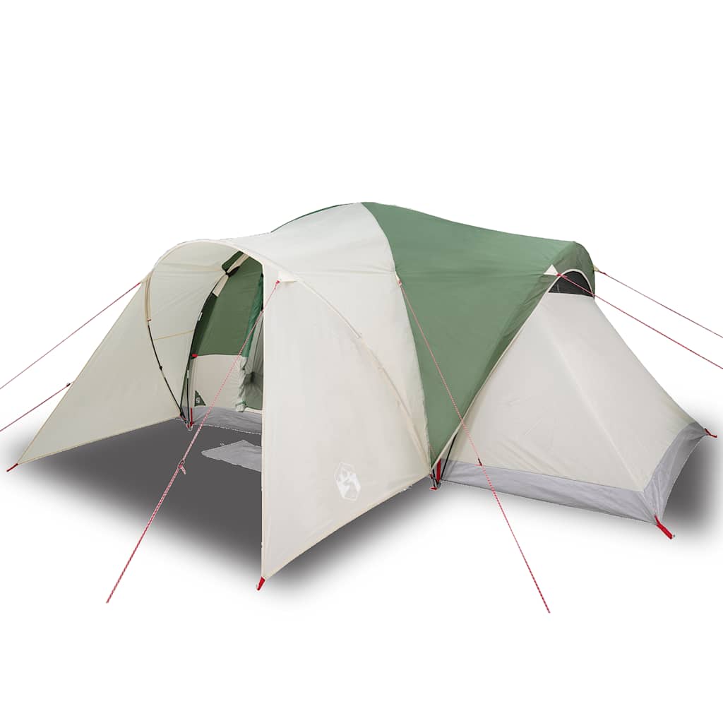 Zijaanzicht van de vidaXL koepeltent in groen en beige, met ingangen en tentstokken.
