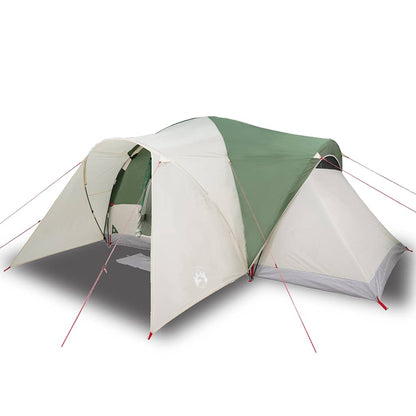 Zijaanzicht van de vidaXL koepeltent in groen en beige, met ingangen en tentstokken.