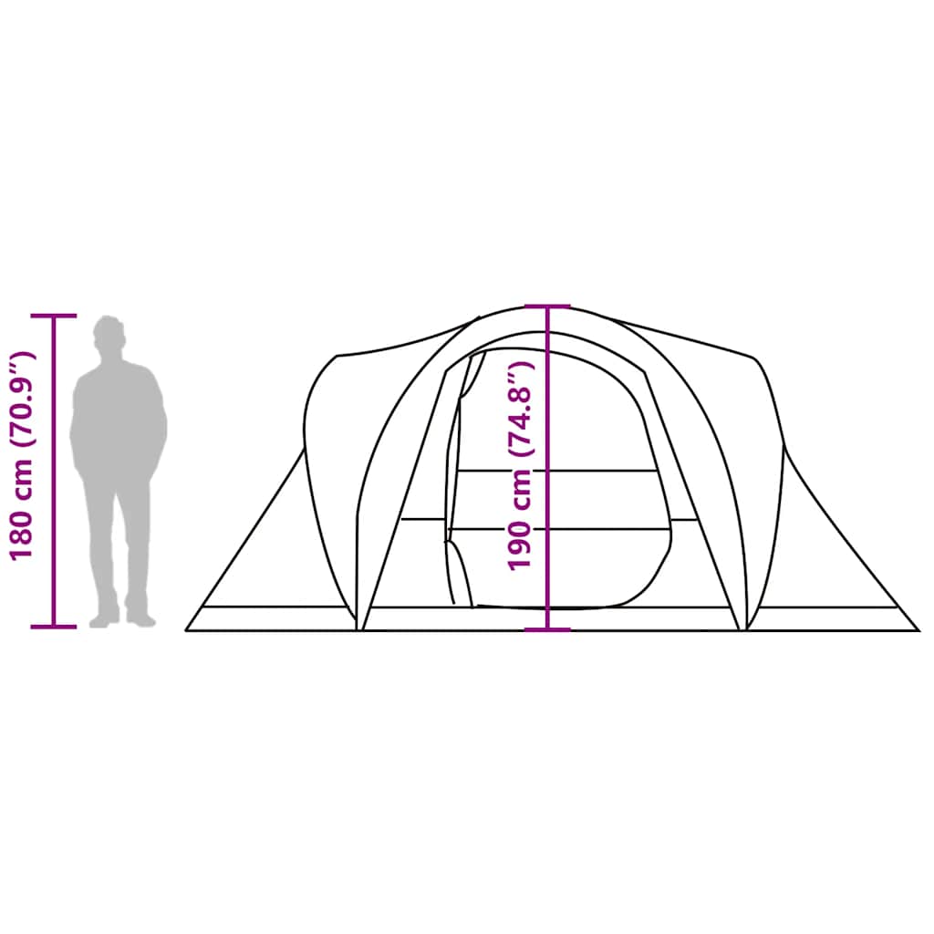 Zijaanzicht van de vidaXL koepeltent met afmetingen en hoogteindicatie voor 6 personen.