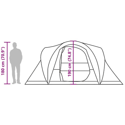 Zijaanzicht van de vidaXL koepeltent met afmetingen en hoogteindicatie voor 6 personen.