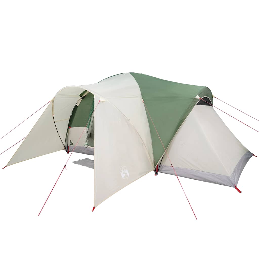 Detail van de vidaXL koepeltent in groen en beige, met zichtbare ingang en tentstokken.