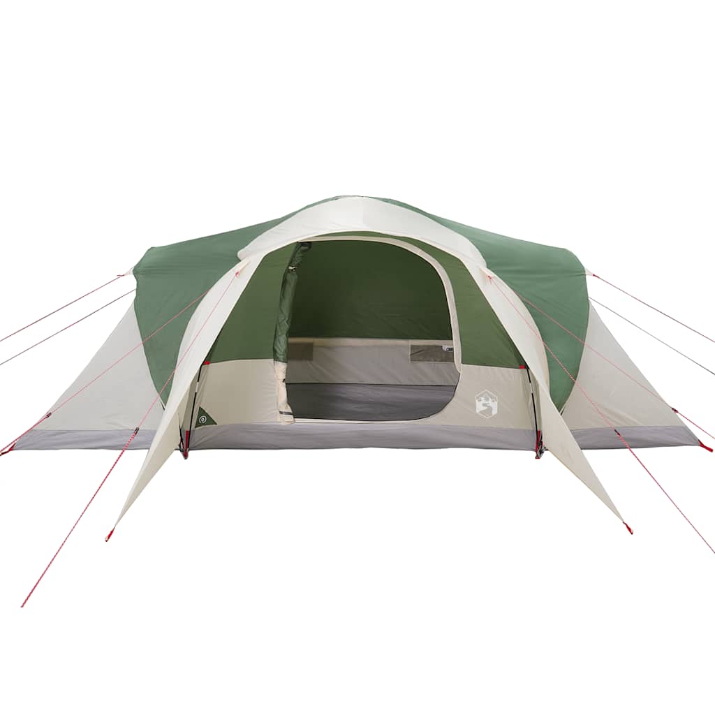 Zijaanzicht van de vidaXL koepeltent, met groene en grijze kleur en open ingang.