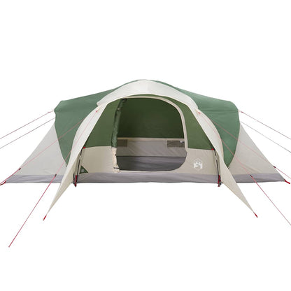 Zijaanzicht van de vidaXL koepeltent, met groene en grijze kleur en open ingang.